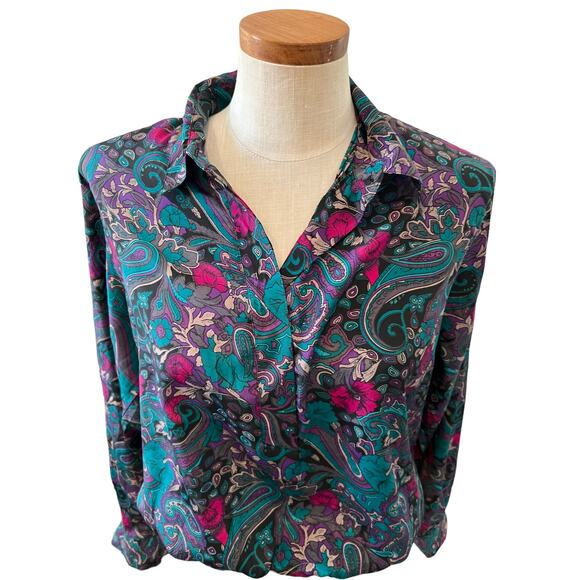 Vintage 80s Alfred Dunner collared top Emerald Green Paisley Print 14 - Picture 2 of 5
